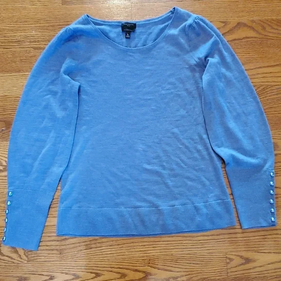 Talbots 100% Merino Puff Sleeve Sweater with Pearl Button Cuffs, Blue, Size SP - Picture 2 of 5